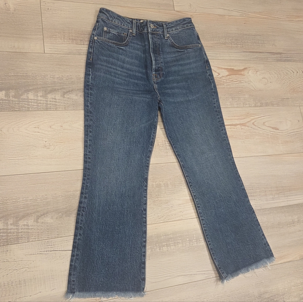 Free People High Rise Straight Leg Frayed Ankle Jeans- in Medium Wash